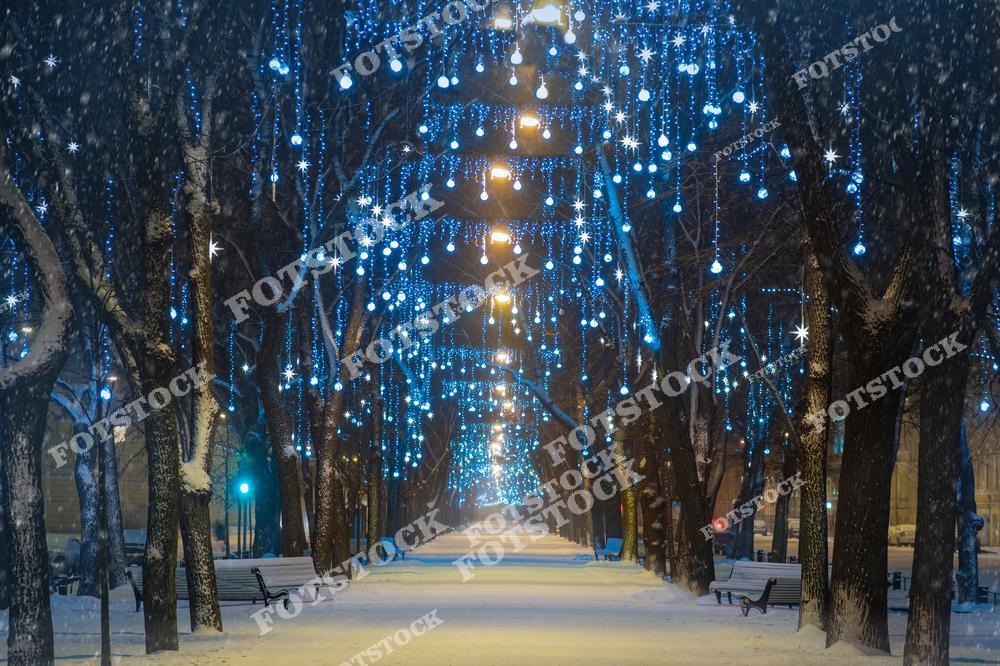 На фото — заснеженная аллея в одном из городских скверов Санкт-Петербурга, украшенная гирляндами и световыми украшениями. Сотни синих огоньков свисают с деревьев, образуя сказочный тоннель из света. Скамейки по обеим сторонам аллеи покрыты снегом, усиливая ощущение тишины и уюта. Падающий снег и мягкое освещение создают праздничное настроение. Это типичная атмосфера новогоднего Петербурга, которая привлекает как горожан, так и туристов.